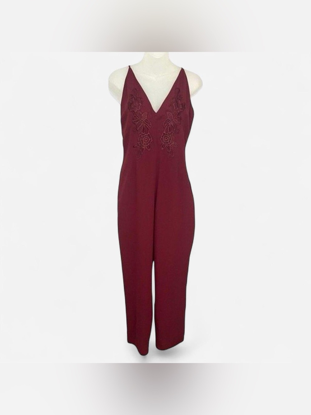 Leith Burgundy Embroidered V Neck Jumpsuit Size Small